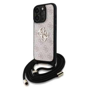 Guess PU 4G Metal Logo Crossbody Popruh Zadní Kryt pro iPhone 15 Pro Max Pink