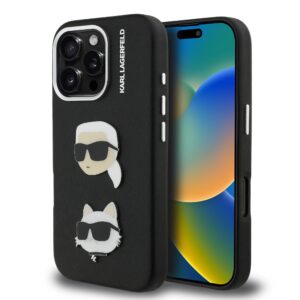 Karl Lagerfeld Grained PU K&CH Heads Zadní Kryt pro iPhone 16 Pro Black