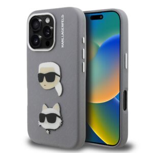 Karl Lagerfeld Grained PU K&CH Heads Zadní Kryt pro iPhone 16 Pro Grey
