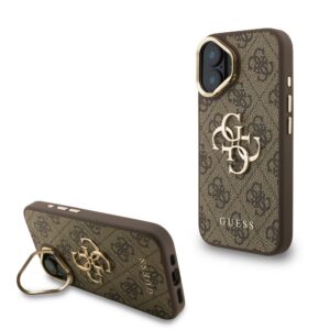 Guess PU 4G Metal Logo Stand Camera Frame Zadní Kryt pro iPhone 16 Brown