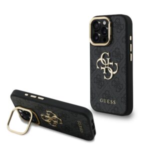 Guess PU 4G Metal Logo Stand Camera Frame Zadní Kryt pro iPhone 15 Pro Black