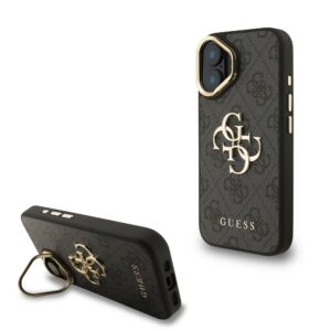 Guess PU 4G Metal Logo Stand Camera Frame Zadní Kryt pro iPhone 16 Black
