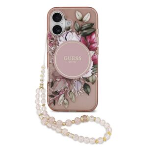 Guess IML Flowers Strap MagSafe Zadní Kryt pro iPhone 17 Pink