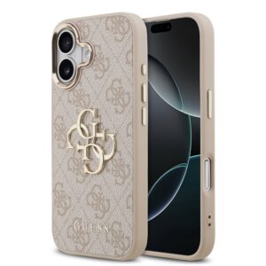 Guess PU Leather 4G Metal Logo Gold Frame Zadní Kryt pro iPhone 17 Pink