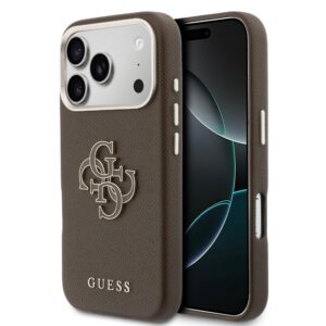 Guess PU Grained 4G Resin Metal Logo Zadní Kryt pro iPhone 17 Pro Max Brown