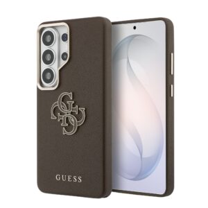 Guess PU Grained 4G Resin Metal Logo Zadní Kryt pro Samsung Galaxy S26 Ultra Brown
