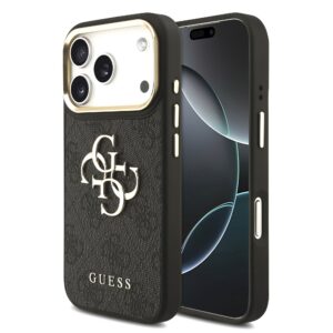 Guess PU Leather 4G Metal Logo Gold Frame Zadní Kryt pro iPhone 18 Pro Black