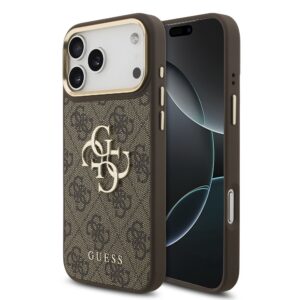 Guess PU Leather 4G Metal Logo Gold Frame Zadní Kryt pro iPhone 18 Pro Max Brown
