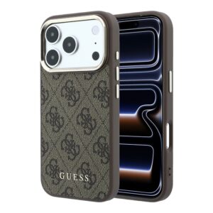 Guess PU Leather 4G Gold Frame MagSafe Zadní Kryt pro iPhone 18 Pro Brown