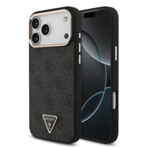 Guess PU Leather 4G Strass Triangle Logo Gold Frame MagSafe Zadní Kryt pro iPhone 18 Pro Max Black