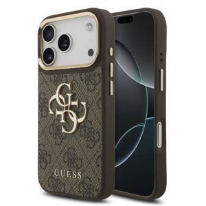 Guess PU Leather 4G Metal Logo Gold Frame Zadní Kryt pro iPhone 18 Pro Brown