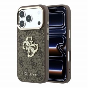 Guess PU 4G Strass Metal Logo Zadní Kryt pro iPhone 18 Pro Max Brown