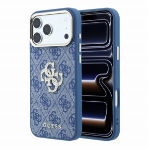 Guess PU 4G Strass Metal Logo Zadní Kryt pro iPhone 18 Pro Blue