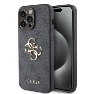 Guess PU 4G Metal Logo Zadní Kryt pro iPhone 15 Pro Max Grey
