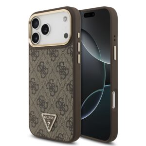 Guess PU Leather 4G Strass Triangle Logo Gold Frame MagSafe Zadní Kryt pro iPhone 17 Pro Max Brown