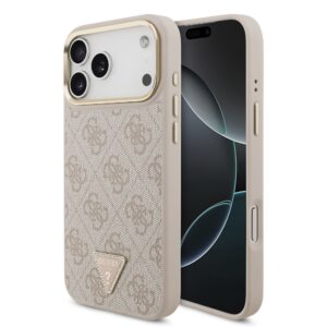 Guess PU Leather 4G Strass Triangle Logo Gold Frame MagSafe Zadní Kryt pro iPhone 17 Pro Max Pink