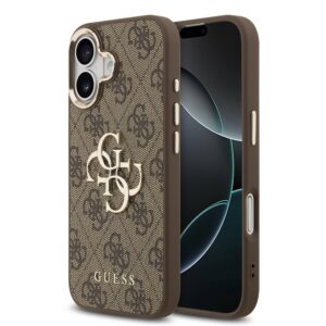 Guess PU Leather 4G Metal Logo Gold Frame Zadní Kryt pro iPhone 17 Brown