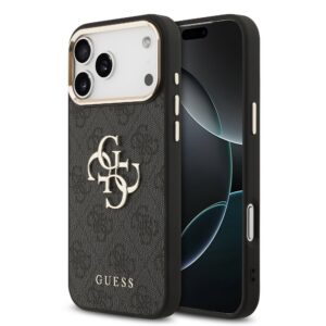 Guess PU Leather 4G Metal Logo Gold Frame Zadní Kryt pro iPhone 17 Pro Max Black