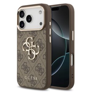 Guess PU Leather 4G Metal Logo Gold Frame Zadní Kryt pro iPhone 17 Pro Max Brown