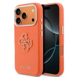Guess PU Grained 4G Resin Metal Logo Zadní Kryt pro iPhone 17 Pro Orange