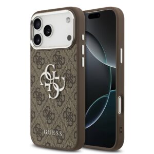 Guess PU 4G Metal Logo Zadní Kryt pro iPhone 17 Pro Max Silver Brown