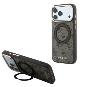 Guess PU 4G Ring Stand MagSafe Zadní Kryt pro iPhone 18 Pro Brown