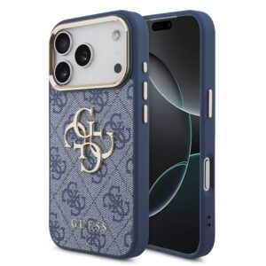 Guess PU Leather 4G Metal Logo Gold Frame Zadní Kryt pro iPhone 18 Pro Blue