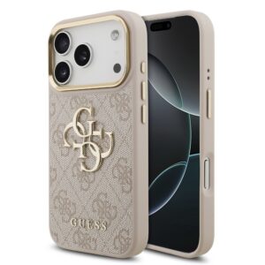 Guess PU Leather 4G Metal Logo Gold Frame Zadní Kryt pro iPhone 18 Pro Pink