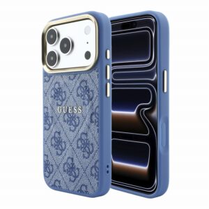 Guess PU Leather 4G Gold Frame Embossed MagSafe Zadní Kryt pro iPhone 18 Pro Blue