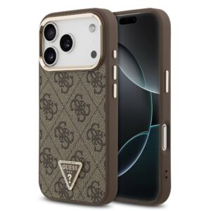 Guess PU Leather 4G Strass Triangle Logo Gold Frame MagSafe Zadní Kryt pro iPhone 18 Pro Brown