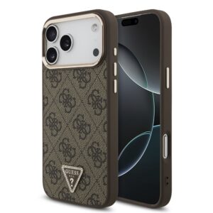 Guess PU Leather 4G Strass Triangle Logo Gold Frame MagSafe Zadní Kryt pro iPhone 18 Pro Max Brown