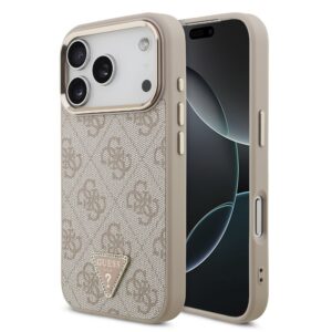 Guess PU Leather 4G Strass Triangle Logo Gold Frame MagSafe Zadní Kryt pro iPhone 18 Pro Pink