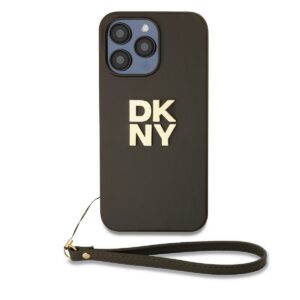DKNY PU Leather Stack Logo Wrist Strap Zadní Kryt pro iPhone 14 Pro Brown
