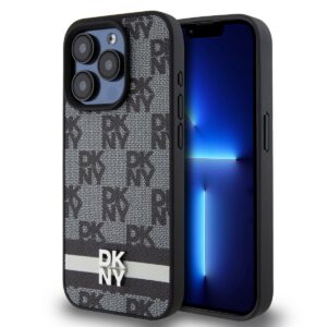 DKNY PU Leather Checkered Pattern and Stripe Zadní Kryt pro iPhone 14 Pro Max Black